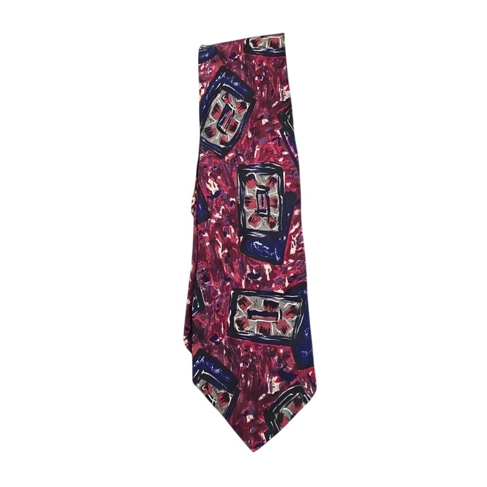 Ted Lapidus Vintage Abstract Art Silk‎ Neck Tie Burgundy Navy Designer Fashion